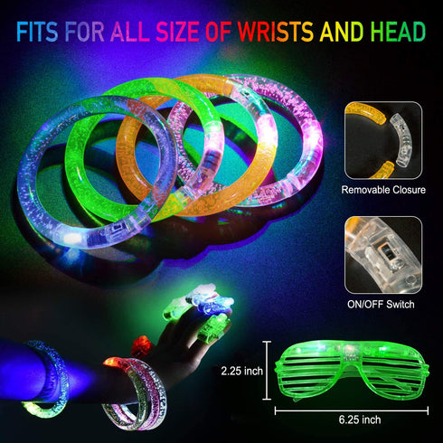 Led Light Up Toys 68Pcs Party Favors for Kids Adults, Glow in the Dark Party Supplies include 40 Finger Lights, 8 Jelly Rings, 7 Light Up Animals Rings, 5 Led Glasses, 4 Bracelets, 4 Led Crystal Necklaces