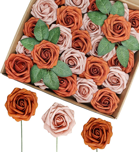 Medoliya Artificial Flowers 25PCS Real Looking Foam Roses Fake Roses with Stems for DIY Wedding Bouquets Centerpieces Baby Shower Party Home Decorations (Burnt Orange & Warm Taupe)