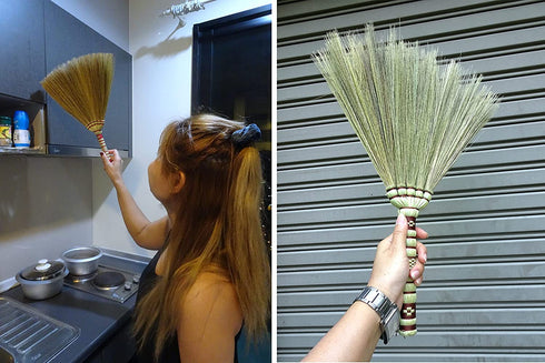 Natural Grass Asian Duster Whisk Broom 16 inch Tall Dustpan Brush Wooden Handmade Thai Bamboo Handle Sweeper for Dusting,Length 16inch x Wide 12inch