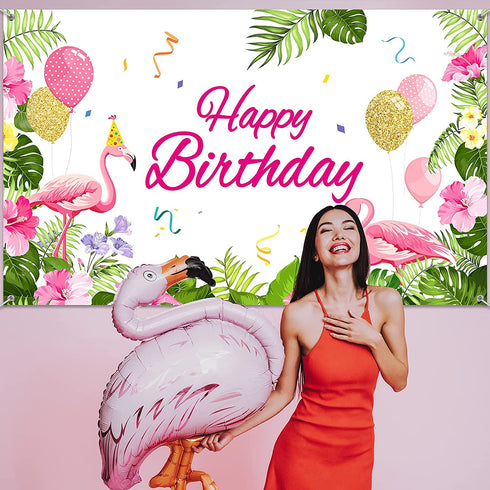 Summer Flamingo Themed Party Decoration Backdrop Flamingo Banner Party Supplies Tropical Floral Photo Booth Hawaiian Themed Party Decoration for Birthday Party Luau Beach Party, 70.8 x 43.3 Inch