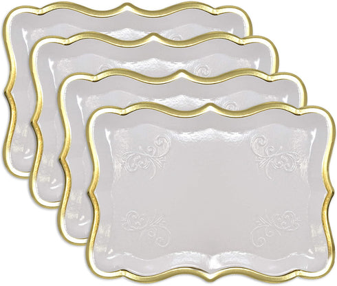 10 White Rectangle Trays with Gold Rim Border for Elegant Dessert Table Serving Parties 9" X 13" Heavy Duty Disposable Paper Cardboard for Platters, Cupcake Display, Birthday Party, Weddings Food Safe