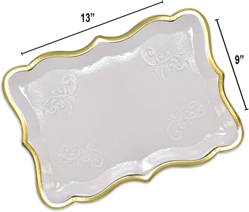 10 White Rectangle Trays with Gold Rim Border for Elegant Dessert Table Serving Parties 9" X 13" Heavy Duty Disposable Paper Cardboard for Platters, Cupcake Display, Birthday Party, Weddings Food Safe
