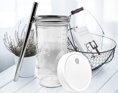 Reusable Boba Bubble Smoothie Cup Wide Mouth Glass Ball Mason Jar with STAINLESS STEEL Boba Bubble/Smoothie Cup with Lid and Straw-Drinking Lid and 1-Piece Silver Leak Proof Cap by Jarming Collections