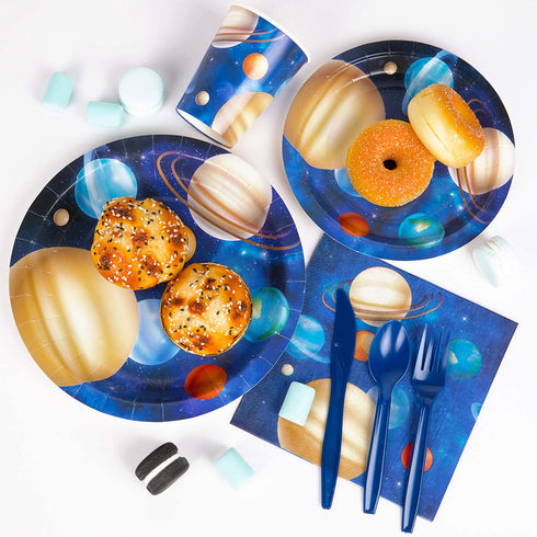 Decorlife Space Themed Party Supplies Serves 16, Space Plates and Napkins Sets, Cups, Knives, Forks, Spoons Included, Total 112pcs