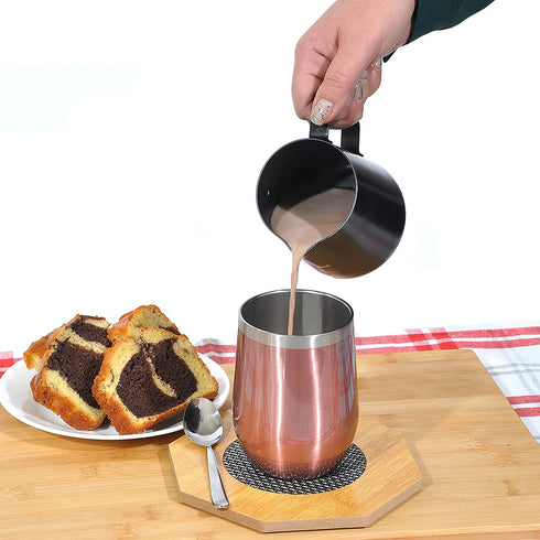 Carpe 12 oz Stemless Insulated Wine Glass Tumbler with Sliding Lid and Straw, Spill Proof Stainless Steel Double-Wall Wine Tumbler Cups for Champaign, Cocktail, Coffee, Drinks, Set of 2 (Rose Gold)