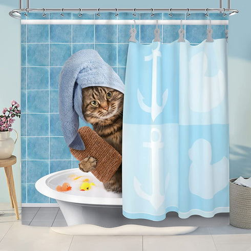 Riyidecor Funny Bathing Cat Shower Curtain 72Wx72H Kids Cute Cartoon Animal Kitten Yellow Rubber Duck Head 12 Pack Plastic Fabric Hooks Wrapped Bath Towel Blue Decor Fabric Polyester