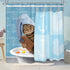 Riyidecor Funny Bathing Cat Shower Curtain 72Wx72H Kids Cute Cartoon Animal Kitten Yellow Rubber Duck Head 12 Pack Plastic Fabric Hooks Wrapped Bath Towel Blue Decor Fabric Polyester