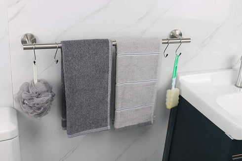 TocTen Bath Towel Bar - Thicken SUS304 Stainless Steel Towel Rack for Bathroom with 4 S Hooks, Bathroom Accessories Towel Rod Heavy Duty Wall Mounted Towel Holder (24IN, Brushed Nickel)