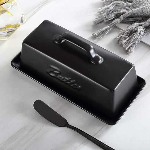 Ceramic Butter Dish with Lid, Covered Butter Keeper - Handle Design - Dishwasher Safe, 7.5 Inch Wide, Black