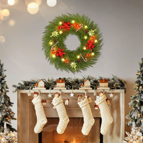 YoleShy Pre-lit Christmas Wreath for Front Door with Hanger 18" Battery Operated Christmas Wreath with Lights Red Berry Pine Cone Candy Cane, Christmas Decorations for Window, Wall Decor, Fireplace