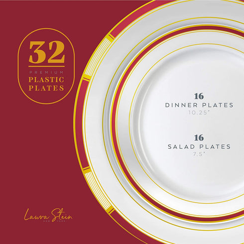 Laura Stein Designer Dinnerware Set | 32 Disposable Plastic Party Plates | Plates with Burgandy Rim & Gold Accents | Includes 16 x 10.75" Dinner Plates + 16 x 7.5? Salad Plates | Venetian