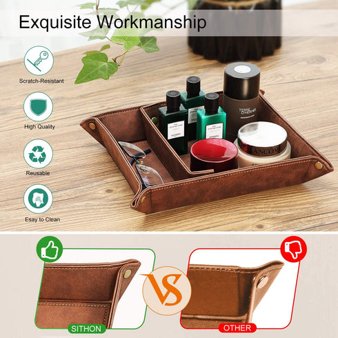 SITHON Valet Tray Desktop Storage Organizer Removable 2 Compartments Catchall Tray Bedside Vanity Tray Nightstand Caddy Holder Desk Storage Plate for Remote Controller, Keys, Phone, Jewelry, Brown