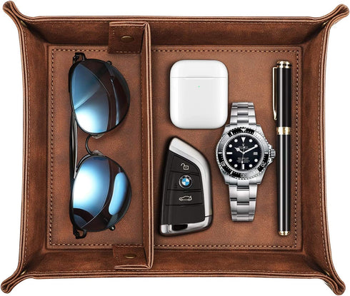 SITHON Valet Tray Desktop Storage Organizer Removable 2 Compartments Catchall Tray Bedside Vanity Tray Nightstand Caddy Holder Desk Storage Plate for Remote Controller, Keys, Phone, Jewelry, Brown