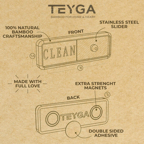 TEYGA Bamboo Dishwasher Clean Dirty Sign - With Stainless Steel Window - Clean Dirty Sign for Dishwasher, No-Scratch Dishwasher Dirty Clean Magnet, 2 Two-Sided Stickers, Clean Dirty Dishwasher Magnet