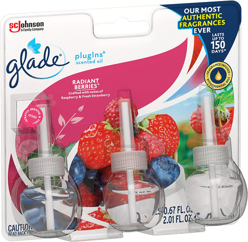 Glade PlugIns Refills Air Freshener, Scented and Essential Oils for Home and Bathroom, Radiant Berries, 2.01 Fl Oz, 3 Count
