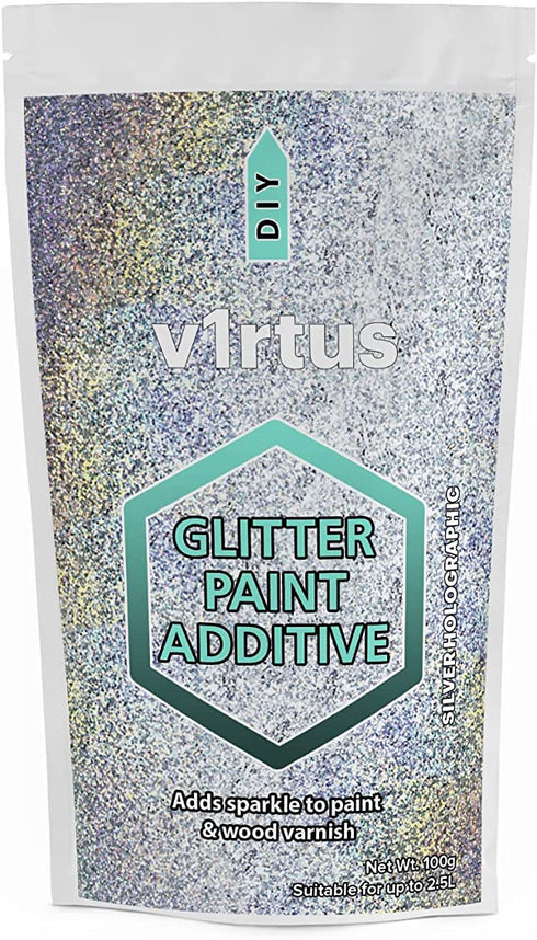 V1RTUS Silver Holographic Glitter Paint Crystal Additive 100g / 3.5oz for Acrylic, Latex, Emulsion - use Interior / Exterior - Wall, Ceiling, Wood, Metal, Varnish, Dead flat, Matte, Soft Sheen or Silk