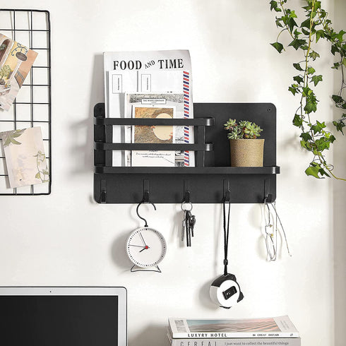 SONGMICS Key Holder for Wall, Wall Mounted Mail Organizer, Metal Floating Shelf with 5 Hooks, Wall Key Hook for Entryway, Key Hanger for Wall, Living Room, Hallway, Mudroom, Kitchen, Black UHCH315B01