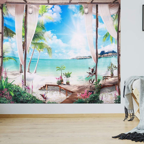 Beach Decor Tapestry, Ocean Sea Tropical Island Palm Tree Scenic View From Balcony Summer Tropical Scenery Wall Hanging Nature Tapestry For Bedroom Living Room Dorm.78x58Inch