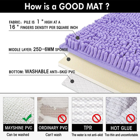 MAYSHINE Soft Plush Microfiber Bathroom Rug, Absorbent Machine Washable Chenille Bath Mat | Non-Slip Quick Dry Shag Carpet, Great for Bath, Shower, Bedroom, or Door Mat (Lavender, 17x24)