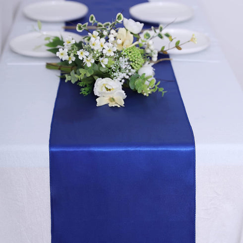 Jeloris 10 Pack Satin Table Runner 12 x 108 Inch Long Bright Silk Smooth Fabric Table Runners for Wedding, Birthday Parties, Banquets Decorations - Royal Blue