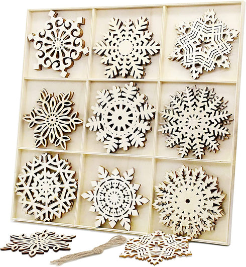 YuQi Set of 27 Hanging Wood Snowflakes Ornaments,Christmas Snowflake Decoration,Unfinished Wooden Snowflakes Large for Crafts Winter Wedding Decor Xmas Ornament