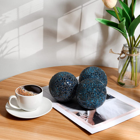 3Pcs 8cm/3.15inch Mosaic Decoration Ball Set Centerpiece Balls Gradient Mosaic Glass Solid Ball , for Centerpiece Bowls, Vases, Tables, Wedding, Party Thanksgiving Christmas Decoration (Black Blue)