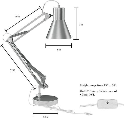 Lavish Home (Brushed Steel Architect Desk Lamp-LED Task Adjustable Swing Arm for Home and Office-Includes Energy Efficient Light Bulb, 23 L x 6.5 W x 34 H