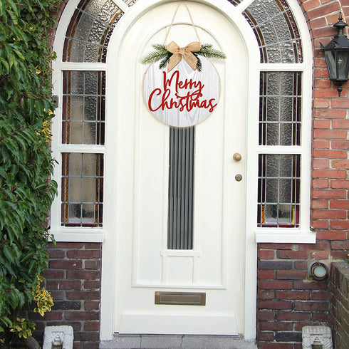 Jetec Merry Christmas Decorations Wreath Christmas Hanging Sign Rustic Burlap Wooden Holiday Decor for Christmas Home Window Wall Farmhouse Indoor Outdoor Decorations (White)