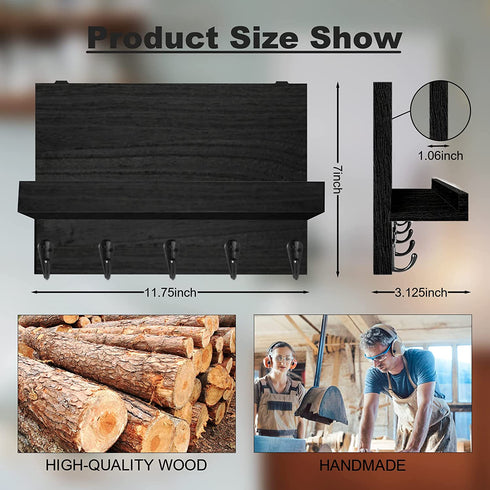 ?Upgraded?Key Holder, Thick Back Panel and Widened Shelf - 5 Heavy Metal Hooks, 11.75x3.13x7 in Decorative Key and Mail Holder for Walls, Corridor Kitchen Farmhouse Decoration Key Rack, Black (Black)