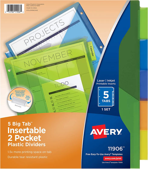 Avery 5-Tab Plastic Binder Dividers with Pockets, Insertable Multicolor Big Tabs, 1 Set (11906)