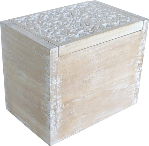NIKKY HOME Rustic Carved Kitchen Wood Recipe Organization Box with Cards and Dividers, 7.28 x 4.72 x 5.91 Inches