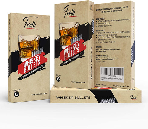 Stainless Steel Bullet Shaped Whiskey Stones Set of 6 - Chilling Rocks - Ice Stones With Tongs And Freezer Pouch, Gift Idea for Whiskey Lovers. Premium Gift For Him.