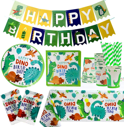 Dinosaur Birthday Party Supplies,Serves 20 Dinosaur Plates Napkins Cups and Tablecloth Banners Straws Set for Dinosaur Theme Birthday Party Decorations for Boys Kids Disposable Dinner Tableware Set