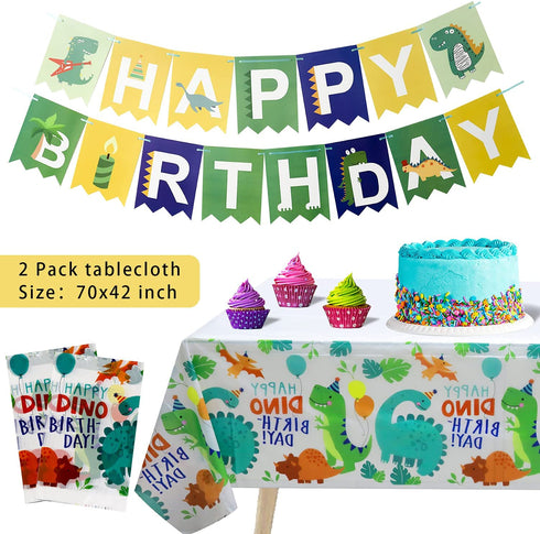Dinosaur Birthday Party Supplies,Serves 20 Dinosaur Plates Napkins Cups and Tablecloth Banners Straws Set for Dinosaur Theme Birthday Party Decorations for Boys Kids Disposable Dinner Tableware Set