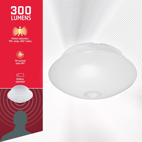 Energizer Motion Activated LED Ceiling Light, 1 Pack, Battery Operated, 300 Lumens, Wireless, 15 feet Motion, Ideal for Laundry Room, Closets, Shed, Basement and More, 39677