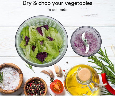 Brieftons Salad Spinner and Chopper: Large 6.3-Quart Lettuce Greens Vegetable Washer Dryer, with Bonus 0.95-Quart Veggie Chopper Mixer, Compact Storage, Easy Push Operation for Quick Veggie Prepping