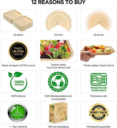 Palm Leaf Plates Biodegradable Plates Wood Plates Eco Friendly Disposable Plates with 25 Wooden Forks Knives for Dinner Outdoor Wedding Picnic Party 10 inch Square Pack Of 25