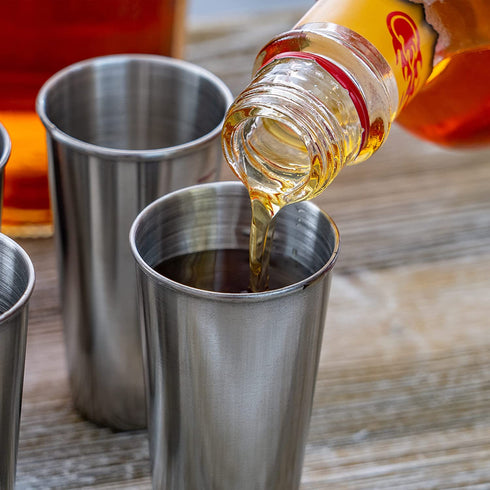 Maxam Stainless Steel 4-Piece Double-Shot Sized Shot Glass Set with Attractive Embossed Carrying Case