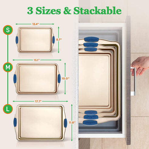 3-Piece Nonstick Bakeware Set - PFOA, PFOS, PTFE-Free Carbon Steel Baking Trays w/ Heatsafe Blue Silicone Handles, Oven Safe Up to 450°F, Small, Medium & Large Cookie Sheet Pans