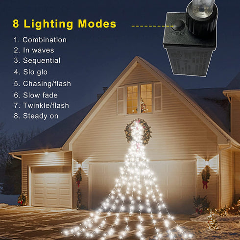 Outdoor Christmas Decorations Star Light,11.8 ft 344 LED Waterfall Tree Lights with Topper Star String Lights Plug in ,8 Lighting Mode Christmas Star Lights for Party Home Holiday Decor(Cool White)