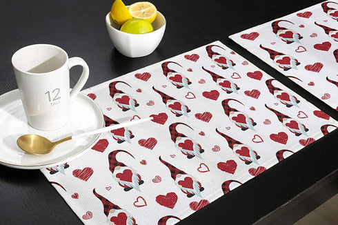 Valentines Placemats Set of 4 Gnomes and Heart Table Mats, Love Red Buffalo Check Plaid Table Decoration for Kitchen Dining Table Stain Resistant Heat Insulation Non-Slip Washable