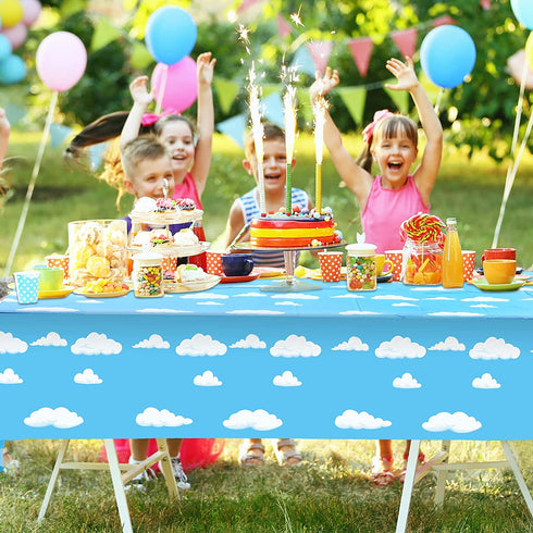 Blue Sky White Clouds Birthday Party Supplies Cartoon Story Tablecloth Party Table Cover Cartoon Table Banner for Baby Kids Shower Birthday Party Decorations, 54 x 108 Inch?1 Piece?