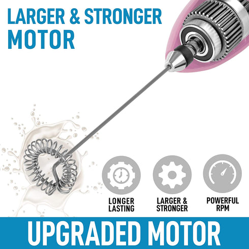 Zulay Pro Milk Frother Handheld With Upgraded Holster Stand - Powerful Coffee Frother Electric Handheld Mixer & Foam Maker - Battery Operated Frother For Coffee, Lattes, Matcha & More (Pink)