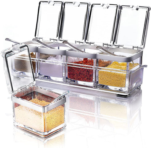 Acrylic Seasoning Box Set, 4 Piece Clear Seasoning Rack Spice Pots, Premium Quality Storage Container Condiment Jars for Spice Salt Sugar Cruet Kitchen Organization Containers with Cover and Spoon