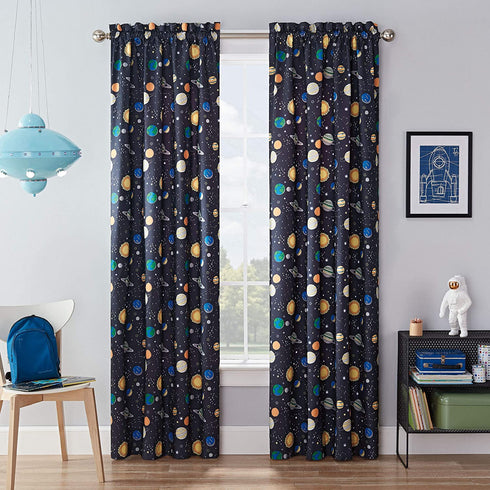 WAVERLY Kids Room Darkening Curtains for Bedroom - Space Adventure 42" x 84" Thermal Insulated Single Panel Rod Pocket Light Blocking Privacy Curtains for Nursery, Navy