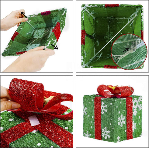 gresonic Christmas Lighted Pop Up Gift Boxes Decorations, Set of 3 Tinsel Present Box, Pre-lit 48 LED Light Up Tree Skirt Ornament, Indoor Outdoor Red Green & Blue for Holiday Party Xmas Home Yard