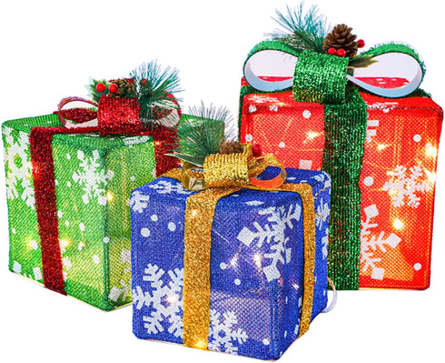 gresonic Christmas Lighted Pop Up Gift Boxes Decorations, Set of 3 Tinsel Present Box, Pre-lit 48 LED Light Up Tree Skirt Ornament, Indoor Outdoor Red Green & Blue for Holiday Party Xmas Home Yard