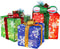 gresonic Christmas Lighted Pop Up Gift Boxes Decorations, Set of 3 Tinsel Present Box, Pre-lit 48 LED Light Up Tree Skirt Ornament, Indoor Outdoor Red Green & Blue for Holiday Party Xmas Home Yard