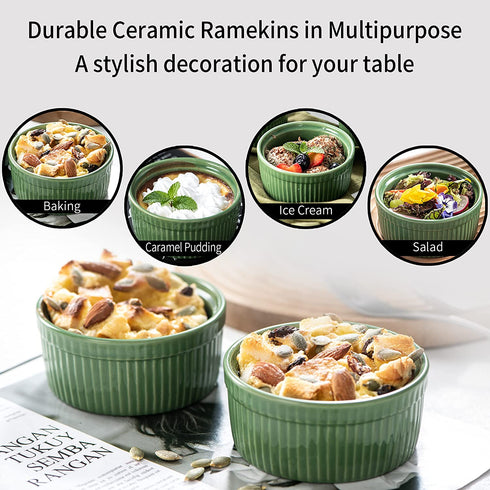 Ramekins Set of 6, vancasso 8 Oz Ramekin Set for Baking, Porcelain Souffle Dishes Microwave and Oven Safe, Ceramic Custard Cups for Creme Brulee, Pudding, Cake, Dessert, Dip Sauce Bowls (Green)