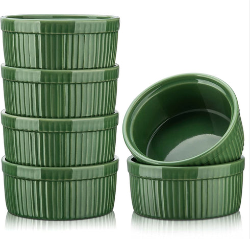 Ramekins Set of 6, vancasso 8 Oz Ramekin Set for Baking, Porcelain Souffle Dishes Microwave and Oven Safe, Ceramic Custard Cups for Creme Brulee, Pudding, Cake, Dessert, Dip Sauce Bowls (Green)